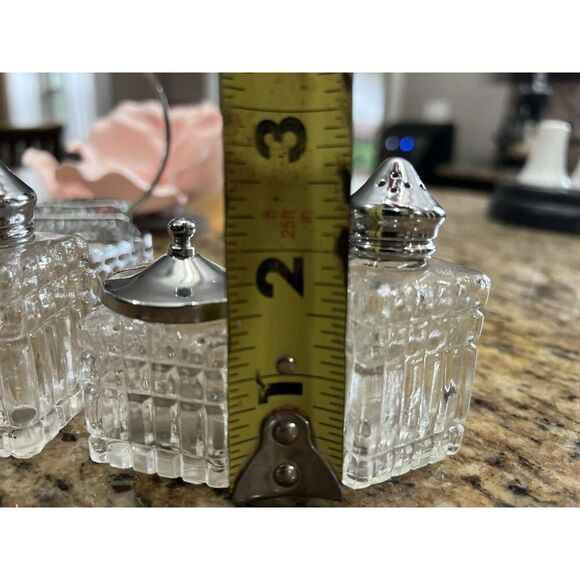 Vintage Salt & Pepper Shakers Mustard Caddy Cruet 4 Pc Silver Glass Elegant - Picture 13 of 15